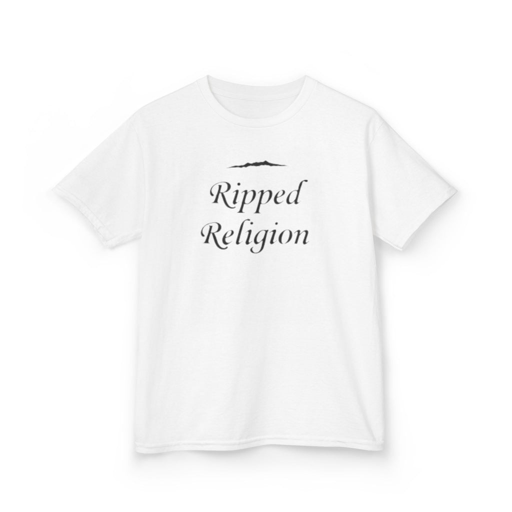 Kids T-Shirt — "Ripped Religion" Script Graphic